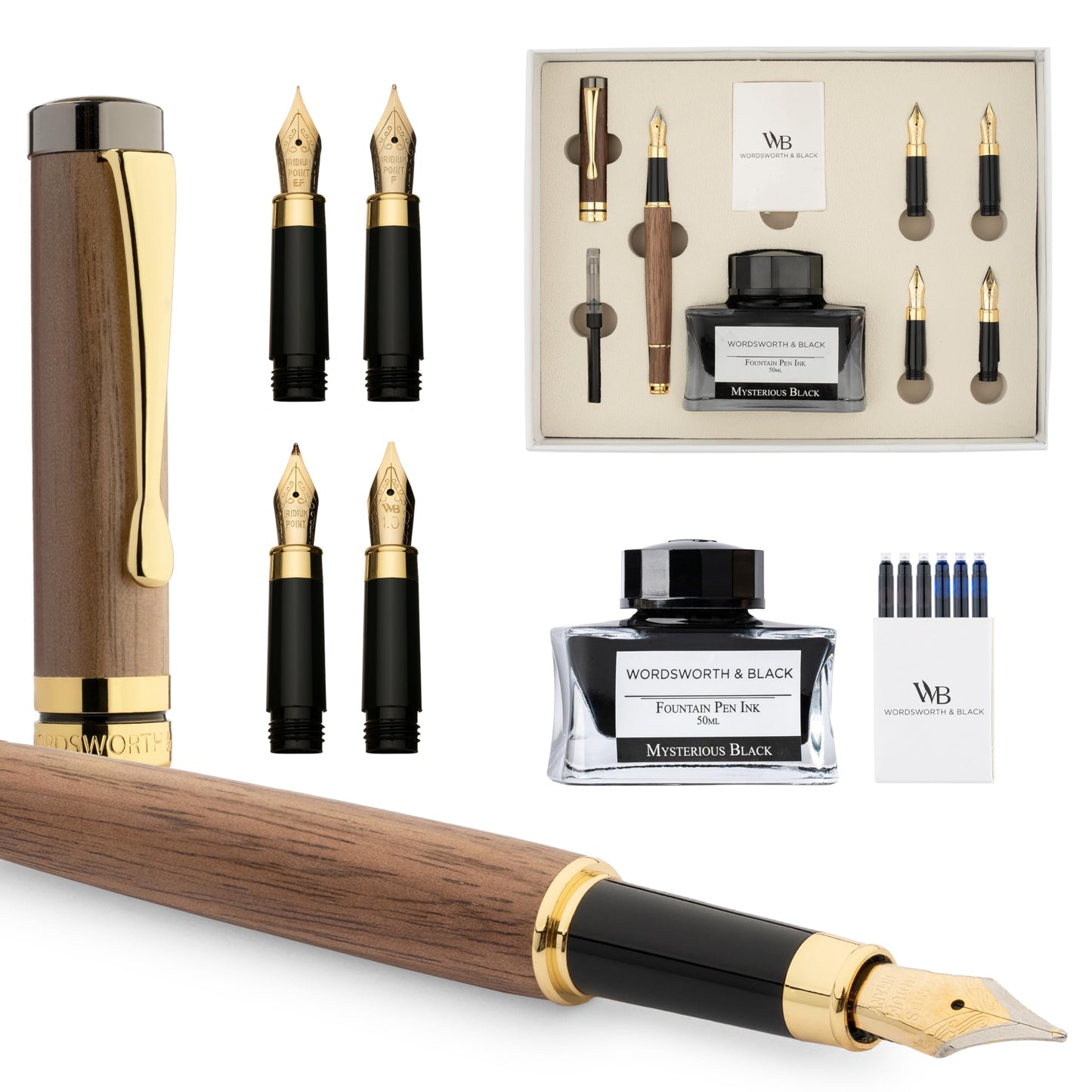 Wordsworth & Black Fountain Pen Gift Set, Includes Ink Bottle, 6 Ink Cartridges, Ink Refill Converter, 4 Replacement Nibs, Luxury Bamboo, Journaling, Calligraphy, Smooth Writing Pens [Brown Wood]
