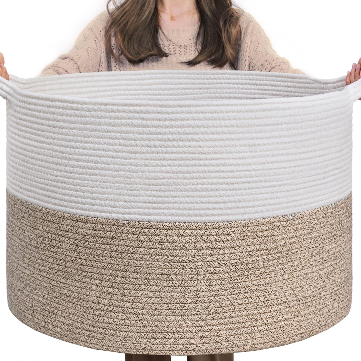 INDRESSME Woven Laundry Basket, 21.7'' x 13.8'' Large Rope Blanket Basket Living Room, Woven Baskets for Dirty Clothes, Pillows, Towel, 90L Light Brown
