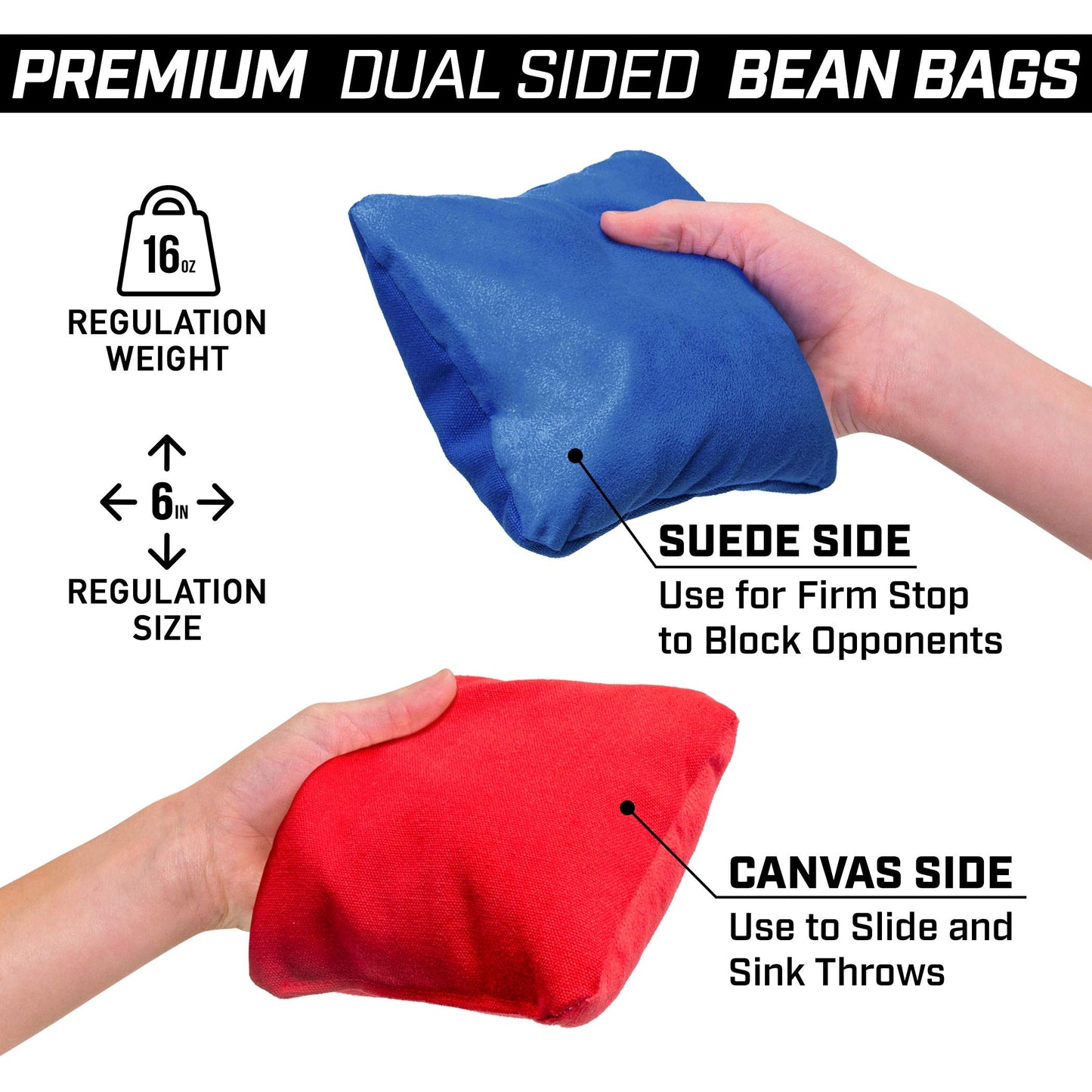 GoSports Dual Sided Cornhole Bean Bags - Slide and Stop Regulation Tournament Bean Bags, Set of 8 - Red and Blue