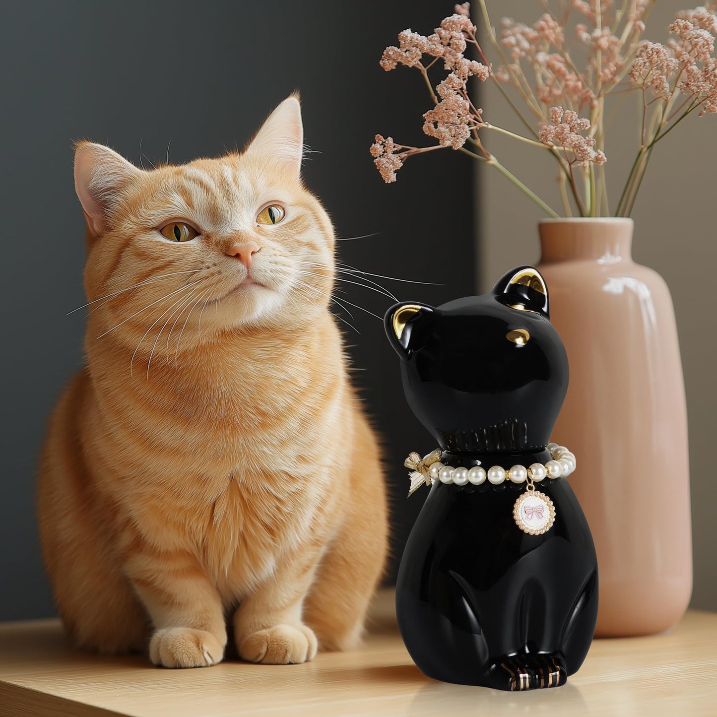 DiDiBirDi Cat Urns for Ashes, Elegant Ceramics Pets Cremation Keepsake, Black Pet Urns for Cats Memorial Box with Personalized Necklace (20lbs)