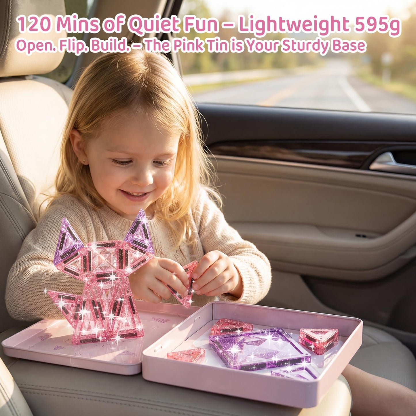 burgkidz Princess Magnetic Tiles for Girls Ages 3-8 – 42PCS Sparkling Pink & Purple Glitter Tiles with Storage Tin, Dual Size Standard Compatible STEM Toys, Travel Friendly Birthday Gift