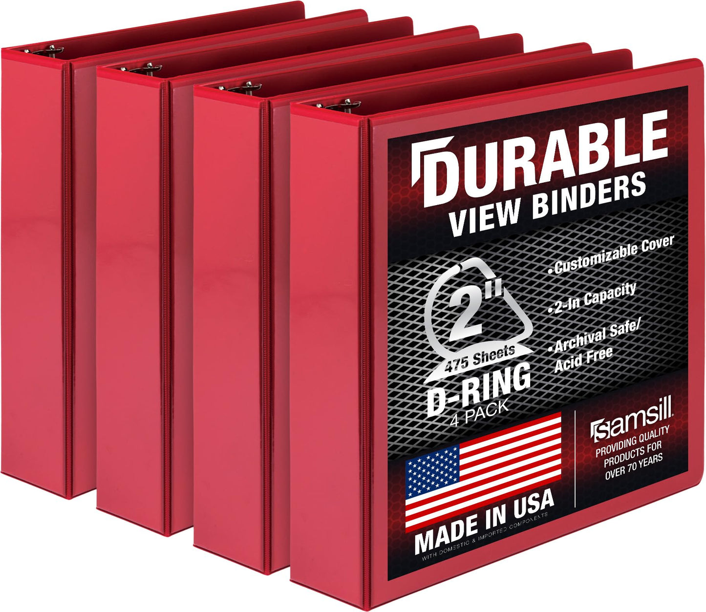 Samsill Durable 2 inch 3 Ring Binder, Made in USA, D Ring Binder, FSC 100% Recycled Chipboard, Red, 4 Pack