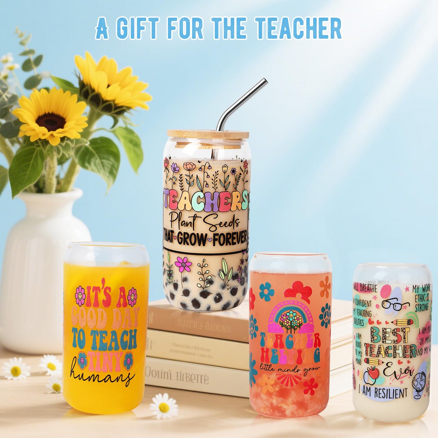 WOFIROY 16 Pieces Teacher Appreciation Gifts in Bulk 4 Set, Thank You Teacher Gifts with 4 16 Oz Glass Cup, 4 Makeup Bag, 4 Pens, 4 Greeting Cards, End of Year, Graduation, Christmas Gift for Teachers