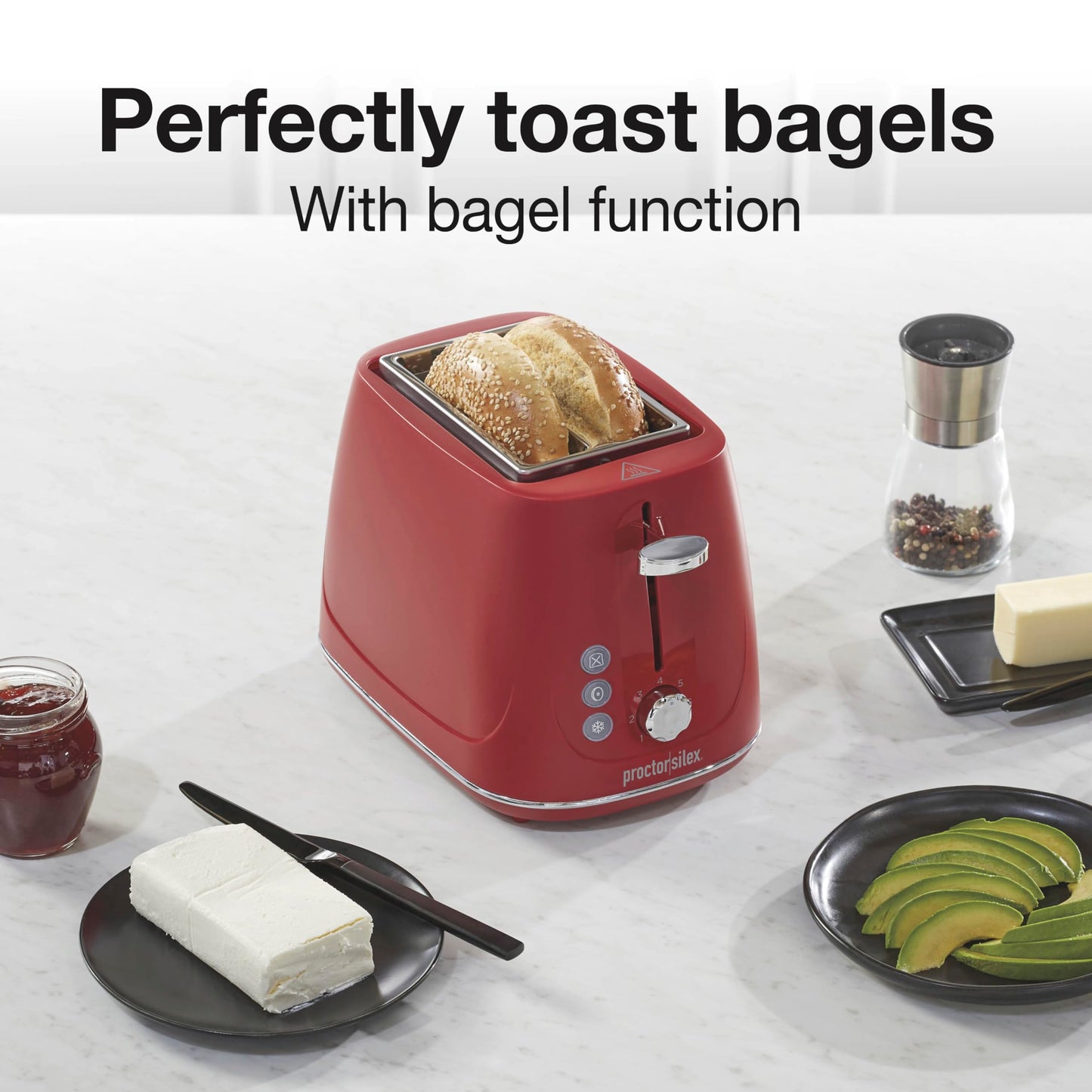 Proctor Silex 2-Slice Toaster, Red, Wide-Slot Toaster with Bagel, Defrost and Cancel Buttons, 7 Shade Browning Control, Toast Boost, 22661