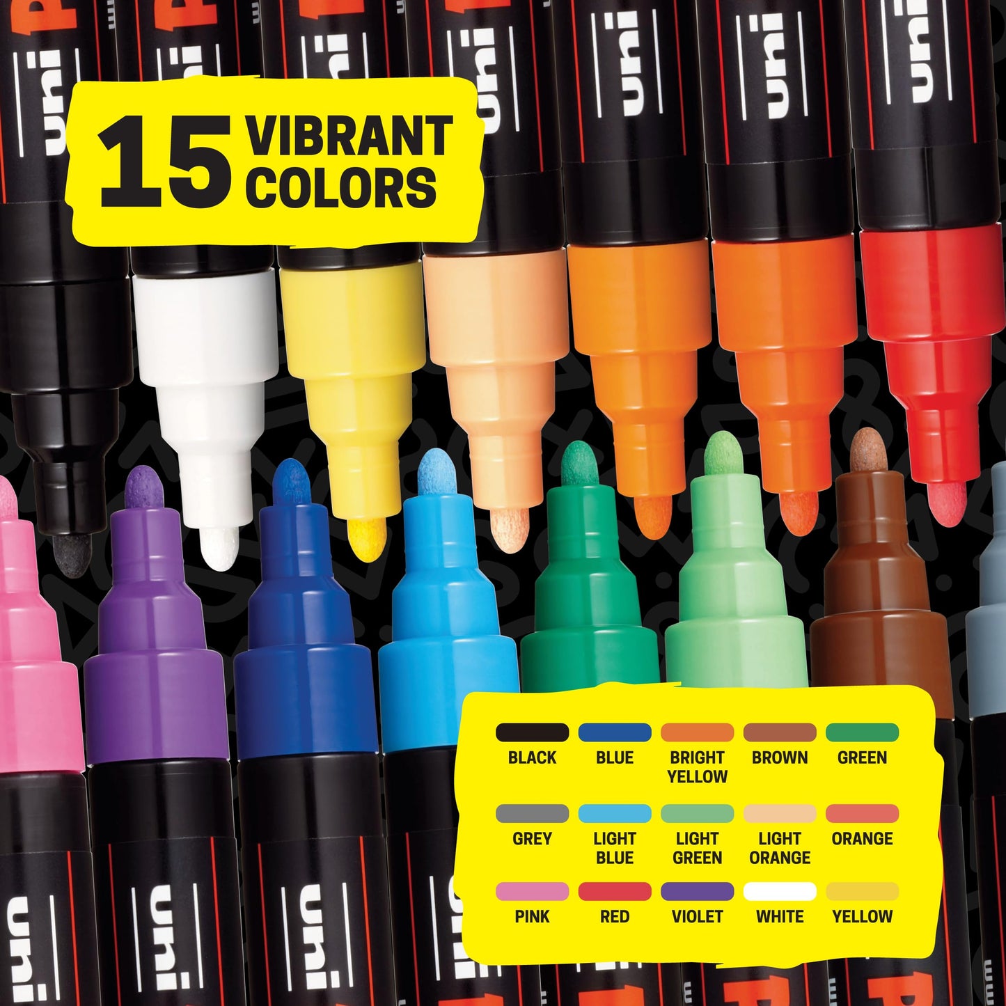 Posca Paint Art Markers, Set of 15 5M Medium Acrylic Markers with Reversible Tips, Artist Recommended Paint Pens for Gifts, Decorations, Fabric, Metal, Glass, Wood and Canvas