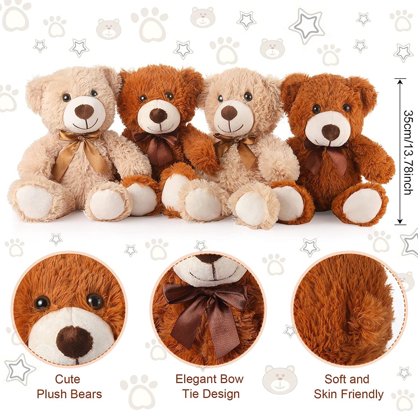 4 Packs 14 Inches Bears Plush Stuffed Animals Cute Soft Stuffed Bear Bulk for Girls Boys Girlfriend Gifts (Light Brown, Dark Brown)
