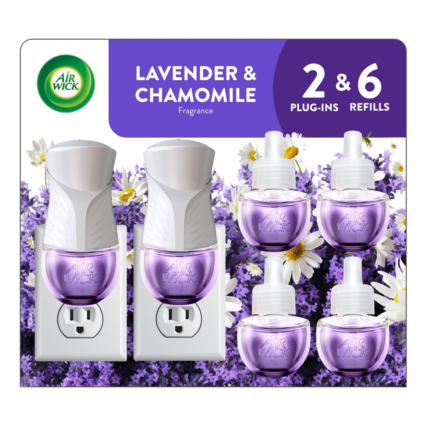 Air Wick Plug In Scented Oil Starter Kit, 2 Warmers + 6 Refills, Lavender & chamomile, Eco Friendly, Essential Oils, Air Freshener