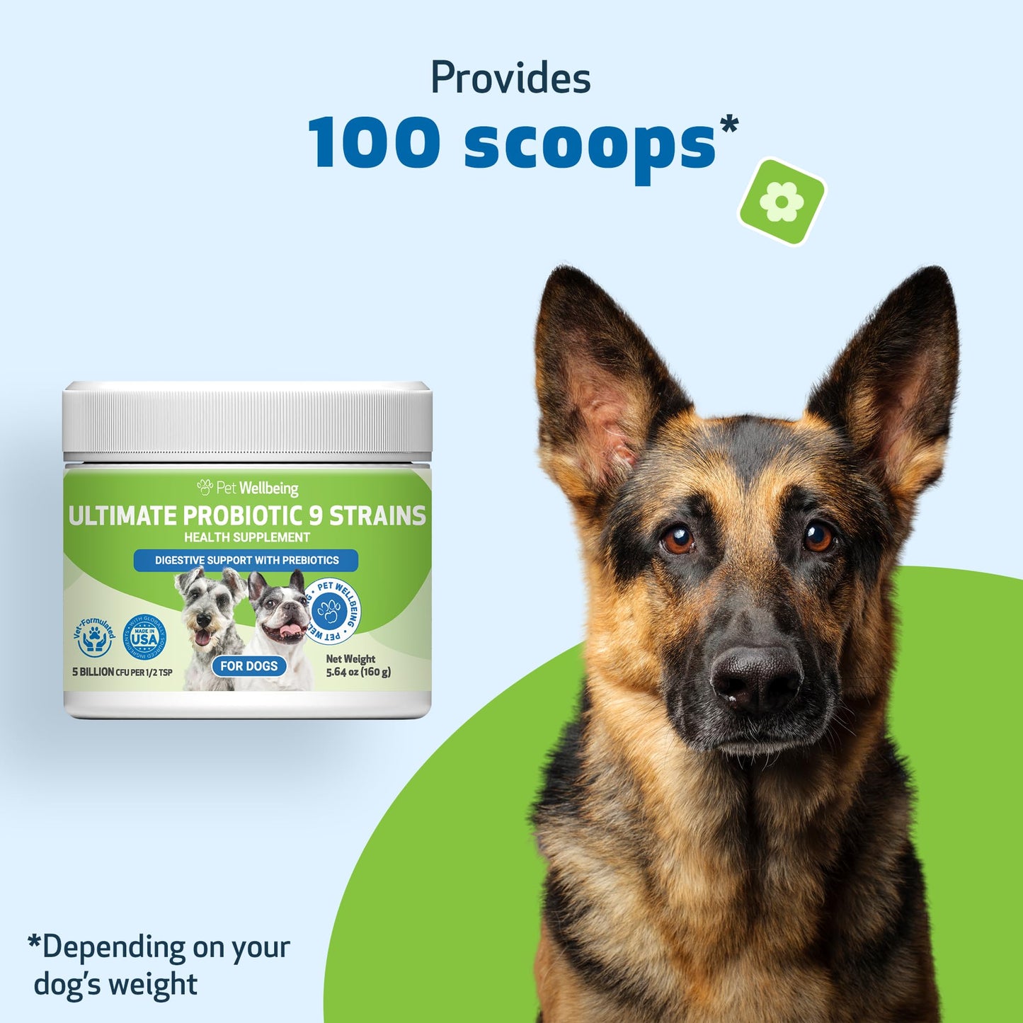 Pet Wellbeing Ultimate Probiotic 9 Strains with Prebiotics for Dogs - Supports the Gut Microbiome and Digestion, Immune System Care, Urinary Tract Health, FOS, 2.5 billion CFU - 5.64 oz (160 g) Powder