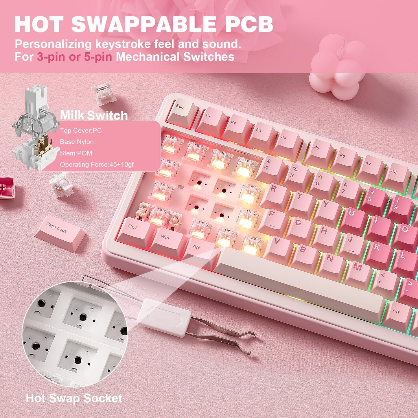 YUNZII B75 PRO Wireless Mechanical Keyboard,75% Layout with Knob,Hot Swap Gasket Custom Structure,Creamy Pre-lubed Switches,RGB Backlit,Bluetooth/Type-C/2.4G for Win/Mac (Pink, Milk Switch)