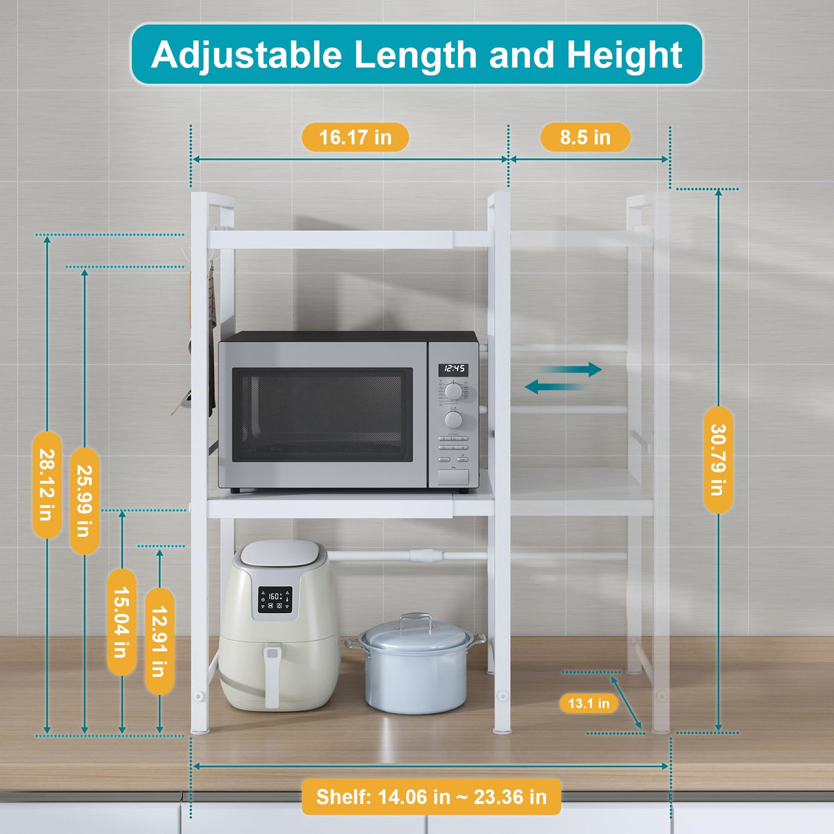 DOLALIKE Microwave Oven Rack, Expandable Microwave Stand Countertop Kitchen Utensils Tableware Storage, Carbon Steel Over Microwave Shelf Countertop 3 Tier with 3 Hooks