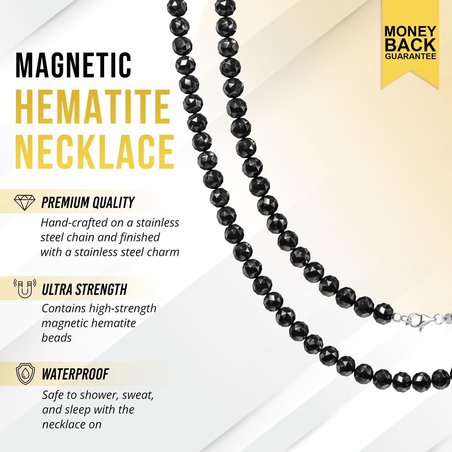 MagnetRX® Magnetic Hematite Necklace – Ultra Strength Hematite Stones – Unisex Beaded Hematite Necklace for Women and Men (Faceted Beads, 18 INCHES)