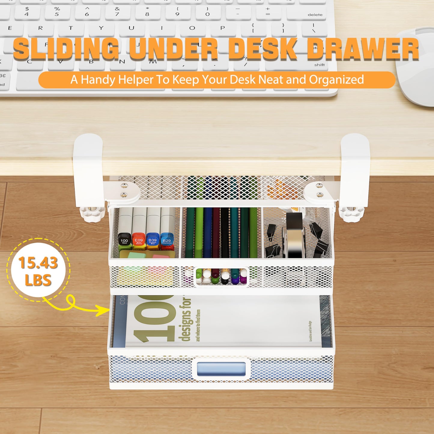 ROLIZOE Under Desk Drawer Organizer Clamp On with 2 Drawers Slide Out No Drilling Mesh Metal Drawer On Desktop Or Under Desk Storage Easy Install Anti-Slip Under Shelf Storage for Home Office, White