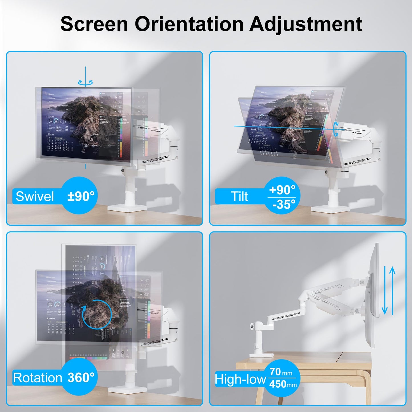 Fydeamer Single Monitor Arm, Heavy Duty Gas Spring Monitor Stand for 17-35 Inch Screens up to 24.2 lbs, VESA Desk Mount with C-Clamp & Grommet Base, White