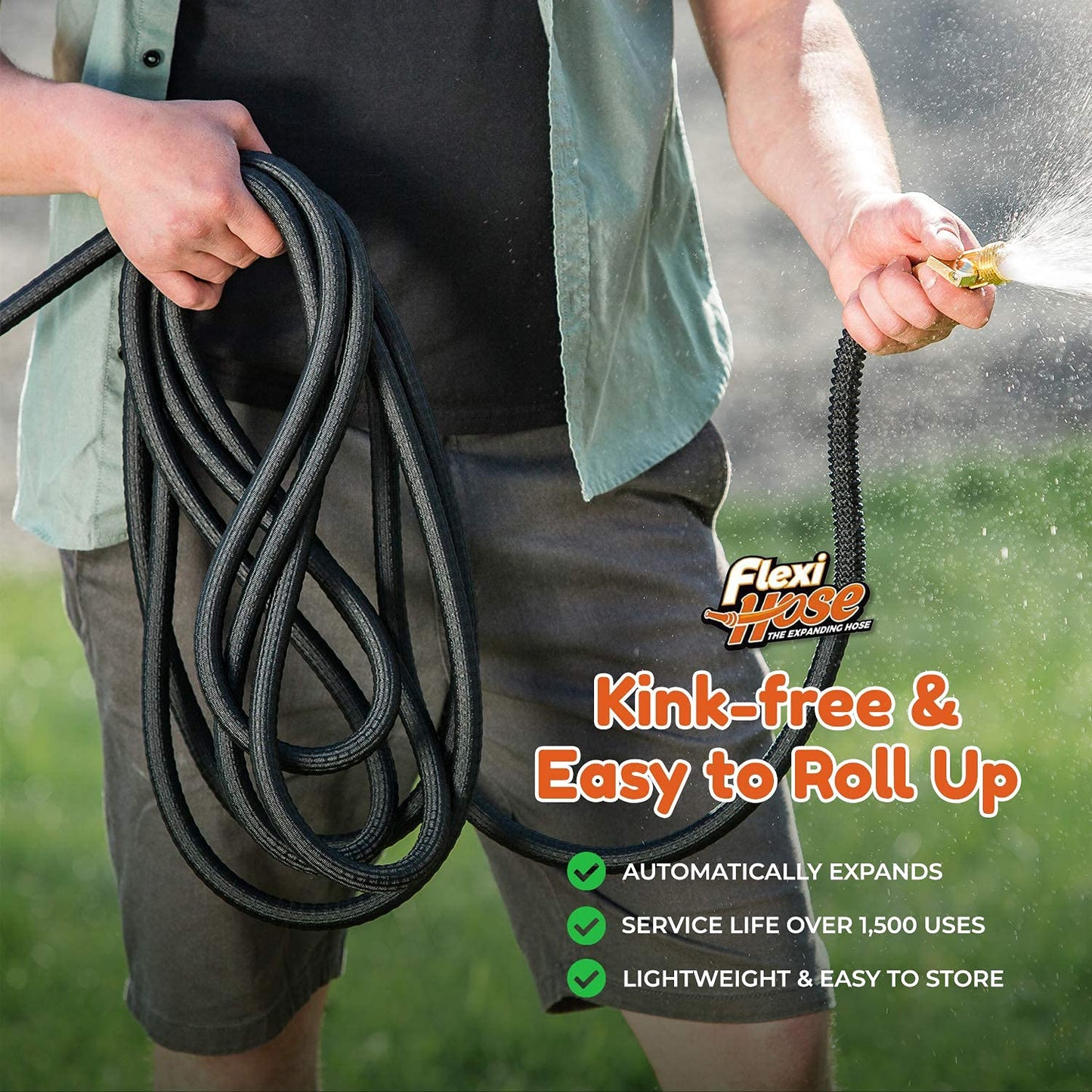 Flexi Hose Expandable Garden Hose, Lightweight & No-Kink Flexible Garden Hose, 3/4 inch Solid Brass Fittings and Double Latex Core, 100 ft Green
