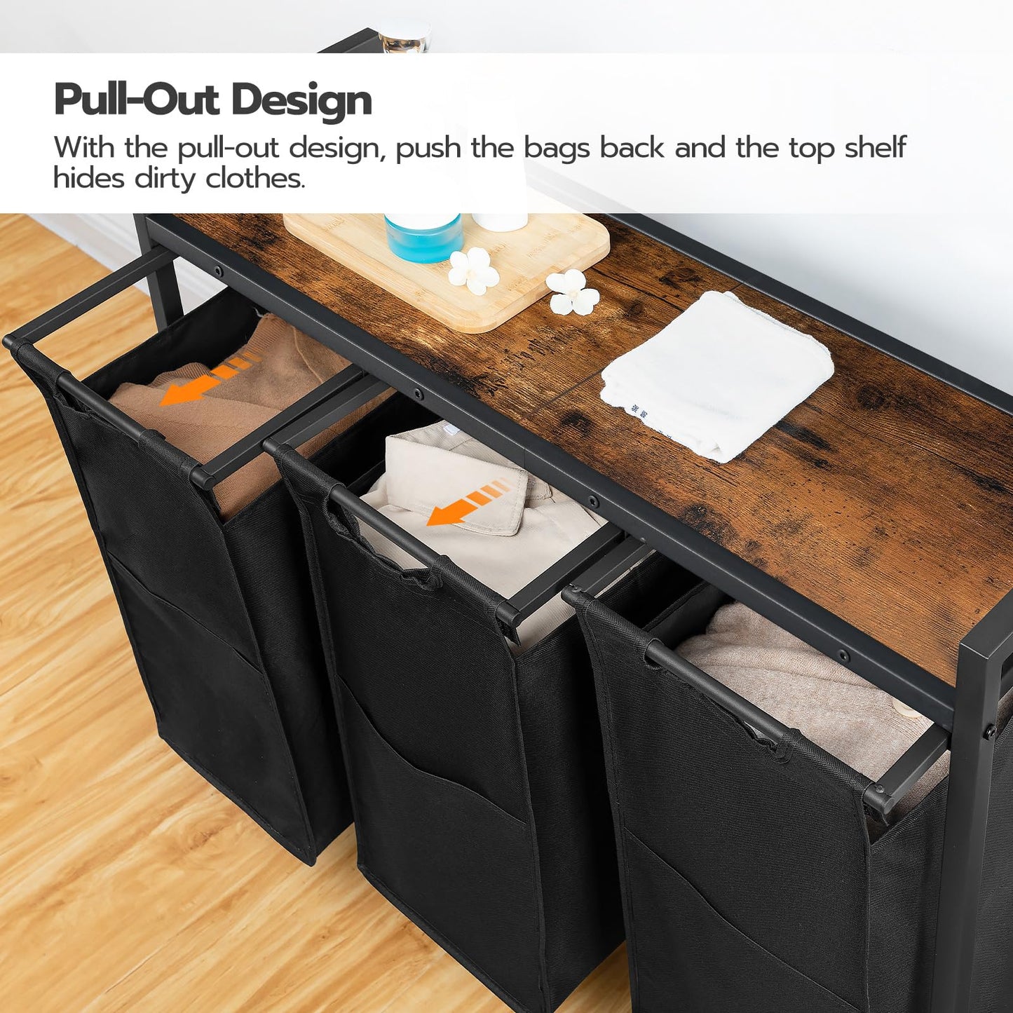 HOOBRO Laundry Sorter 3 Section, Laundry Hamper with Wheels, 3 × 11.5 Gal (43.5L), Rolling Laundry Basket, 3 Pull-Out and Removable Oxford Fabric Laundry Bags, Rustic Brown and Black BF76XY01