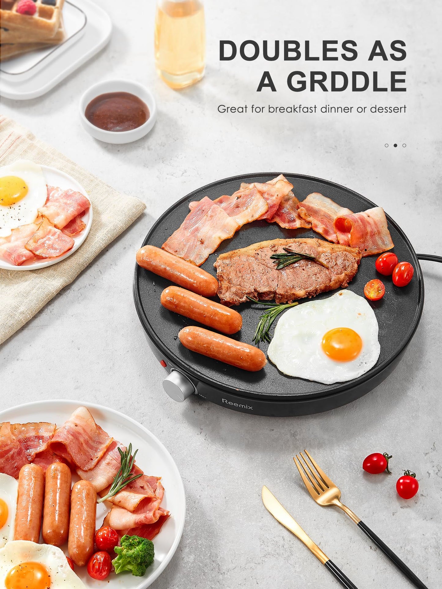 Crepe Maker Machine, Reemix Compact Pancake Griddle Precise Temperature Control, Nonstick 12” Electric Griddle, Batter Spreader for Eggs, Pancakes, Omelets and Quesadillas, Includes Spatula, Spreader