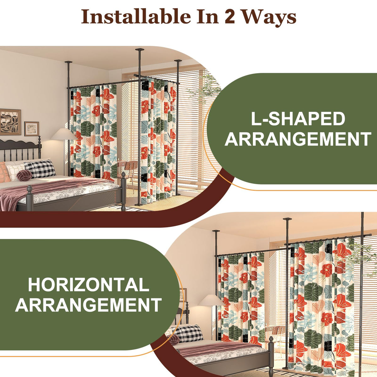 Goovilla Room Divider for Room Separation, Tension Curtain Rods No Drilling, 4-10ft(H) 28-114inch(W) Adjustable Temporary Privacy Wall Divider, Heavy Duty Freestanding Space Partition Separator, Black