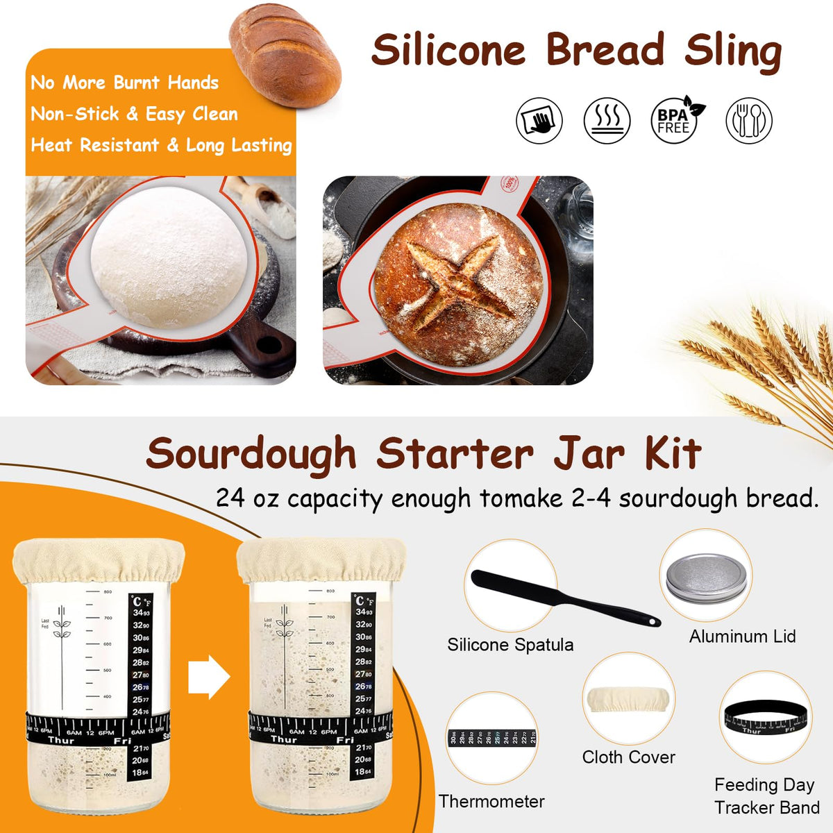 Sourdough Bread Baking Supplies Kit, 10" Oval & 9" Round Bread Proofing Basket Set Jar Scraper Scoring Lame Brush Short Danish Whisk, Sourdough Starter Kit Gift for Bread Making (Oval & Round & Jar)