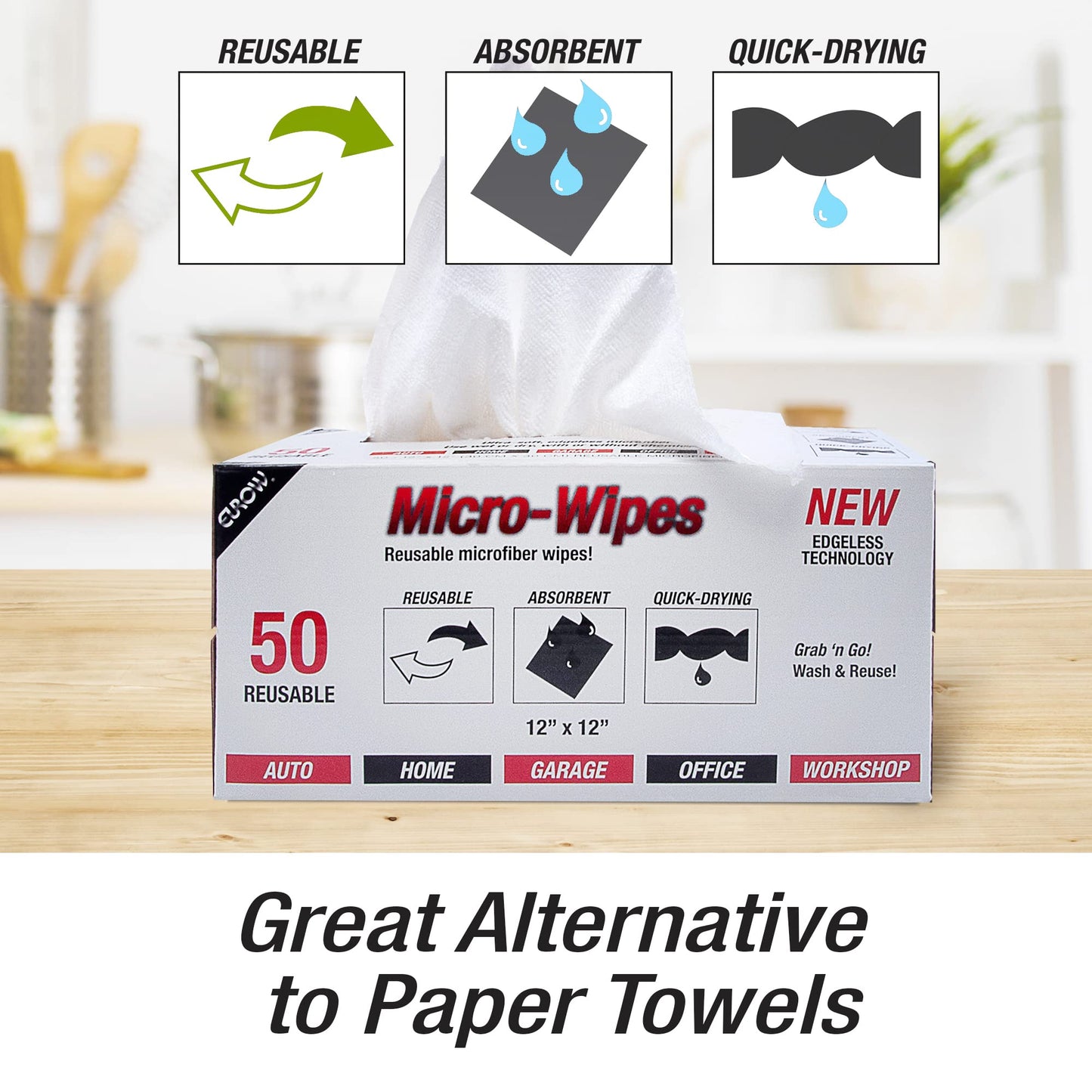 Eurow Reusable Microfiber Cleaning and Drying Wipes with Dispenser Box, 200GSM, 12 by 12 Inches, Pack of 50 - Yellow