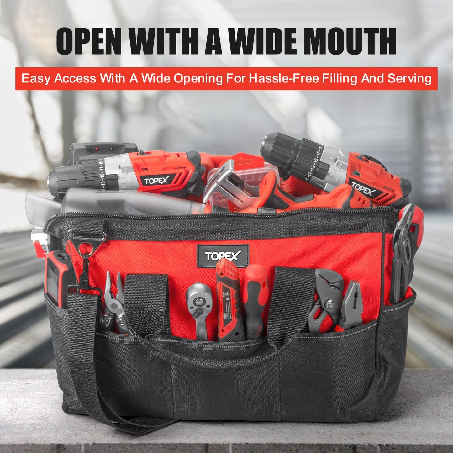 TOPEX 16-inch Tool Bag Multi-pocket Tool Organizer High Bearing Wide Mouth Tool Bag with Adjustable Shoulder Strap with 8 Pockets for Cars, Drill, Garden, Electrician, Technicians