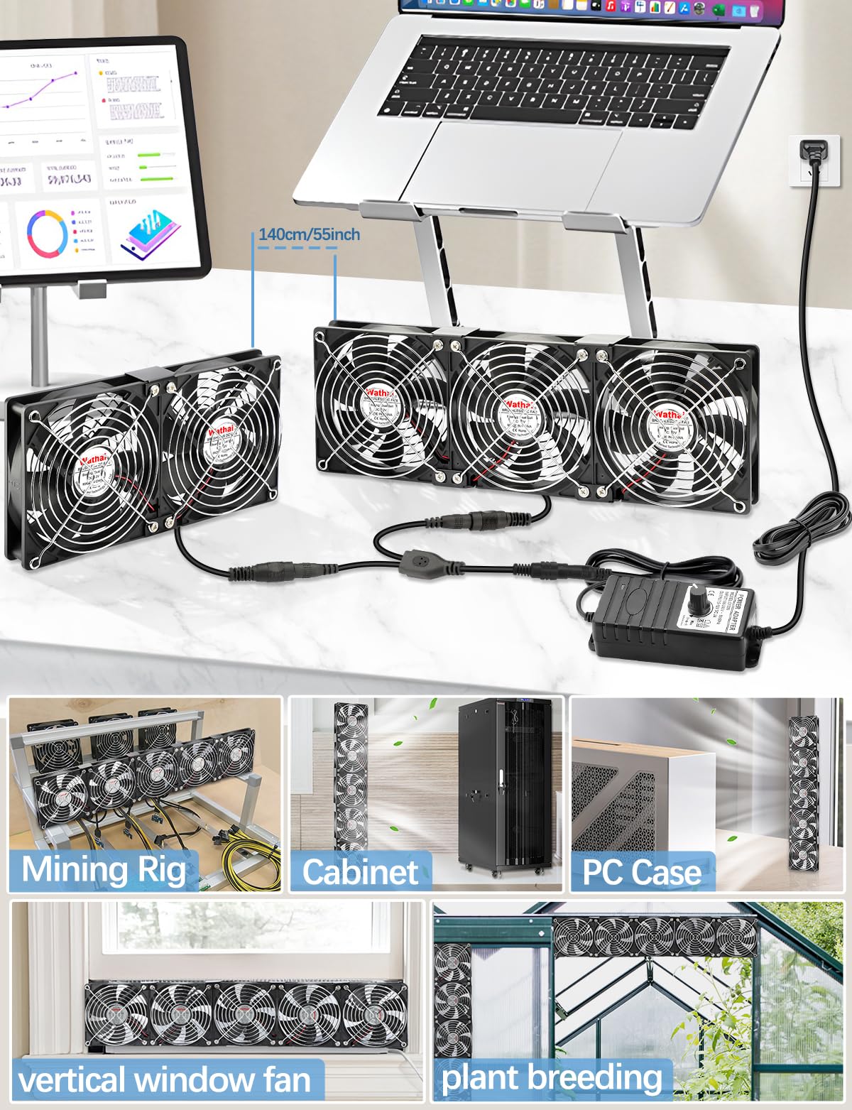 Wathai 120mm x 5 Small Box Computer Fan with AC Plug Dual Ball with Variable Speed Controller for External GPU, Server Rack Cabinet, Chicken Coop, Window Exhaust Cooling Ventilation