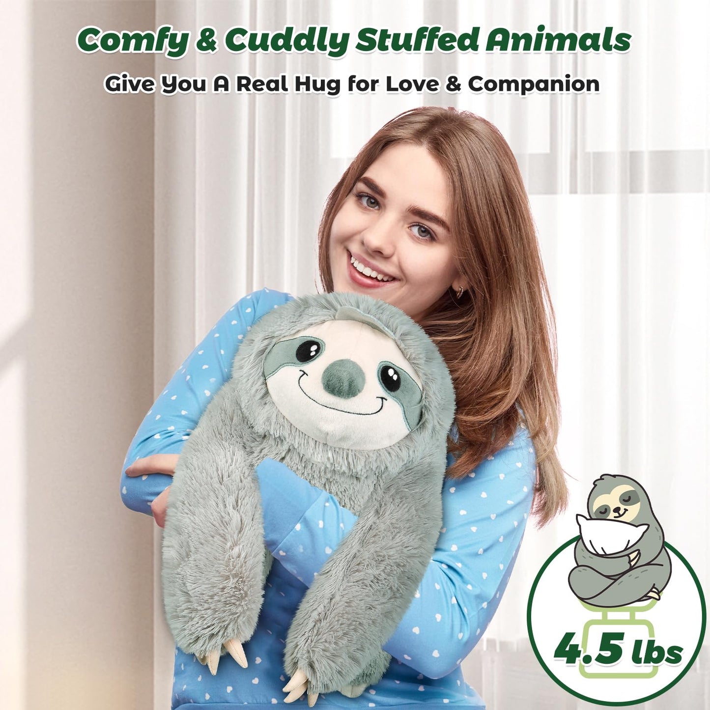Bobbie & Laxi 27" & 4.5 lbs Sloth Weighted Stuffed Animals, Cuddly & Soft Kids' Plush Toy Pillows for Companion, Large Plushies with Removable Ceramsite Bag, Gifts for Adults, Kids, Boys and Girls