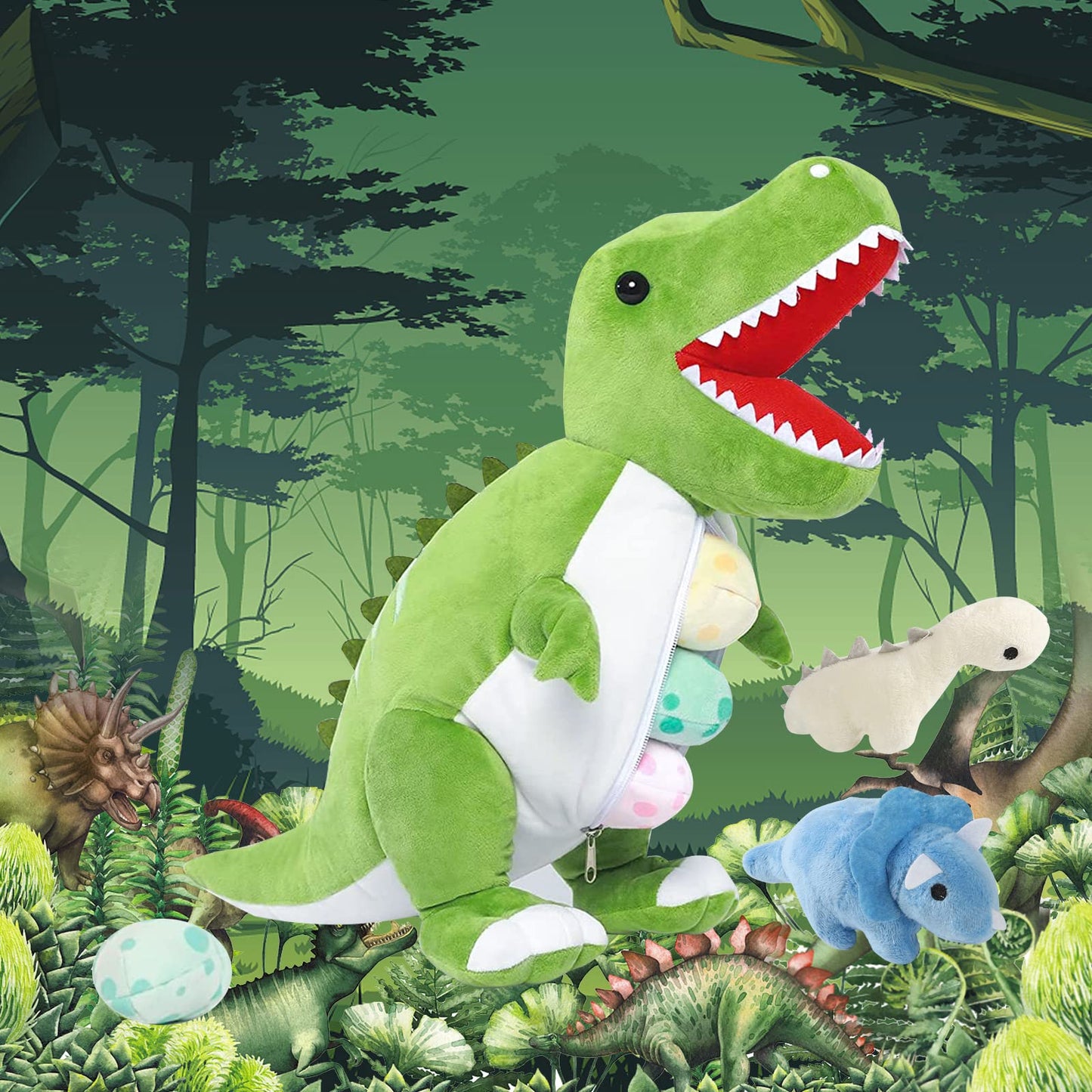 Cute Stuff Plush Dinosaur Stuffed Animal 23.6'' Mommy Stuffed Dinosaur with 3 Baby Dinosaur Plush Toys Soft Stuffed Animals Plush Gift for Children, Friends