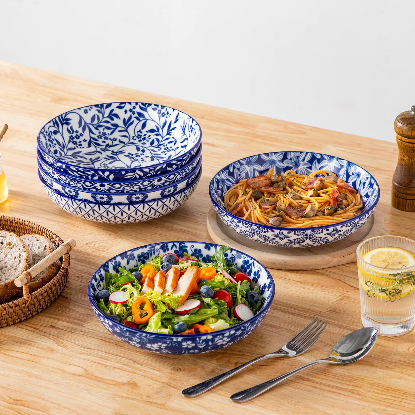 vancasso Selene 8.5" Pasta Bowls Set of 6, 40 oz Porcelain Shallow Salad Bowls, Serving Bowls Large Bowl Plates Pasta Plates, Blue & White Floral Design, Microwave Safe