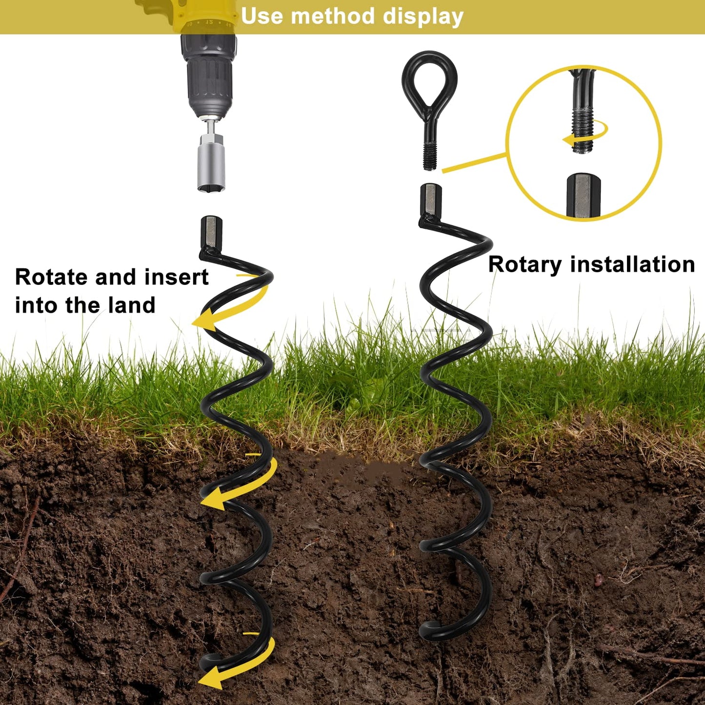 XYADX 16.3 Inch Spiral Ground Anchor Stake High Durable Earth Anchor Kit for Tents, Trampolines, Garden Fencing, Sheds, Swings, and Dog Tie Out Stake (Black 4 Pack)