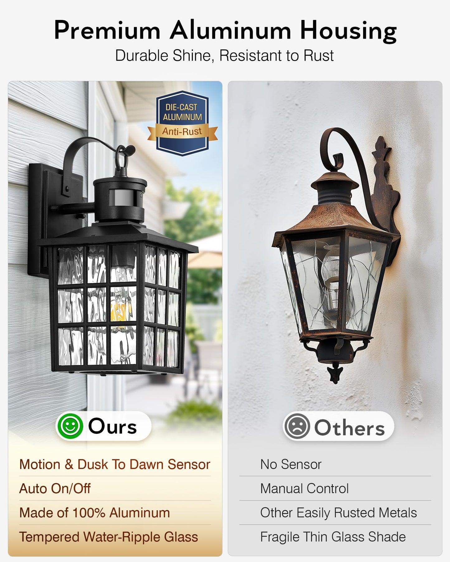 VIANIS Outdoor Wall Lantern with Motion Sensor, Dusk to Dawn Exterior Light Fixtures Wall Mount, Led Outdoor Porch Light, Anti-Rust 100% Aluminum Modern Black Outdoor Wall Sconce for Garage, Entryway