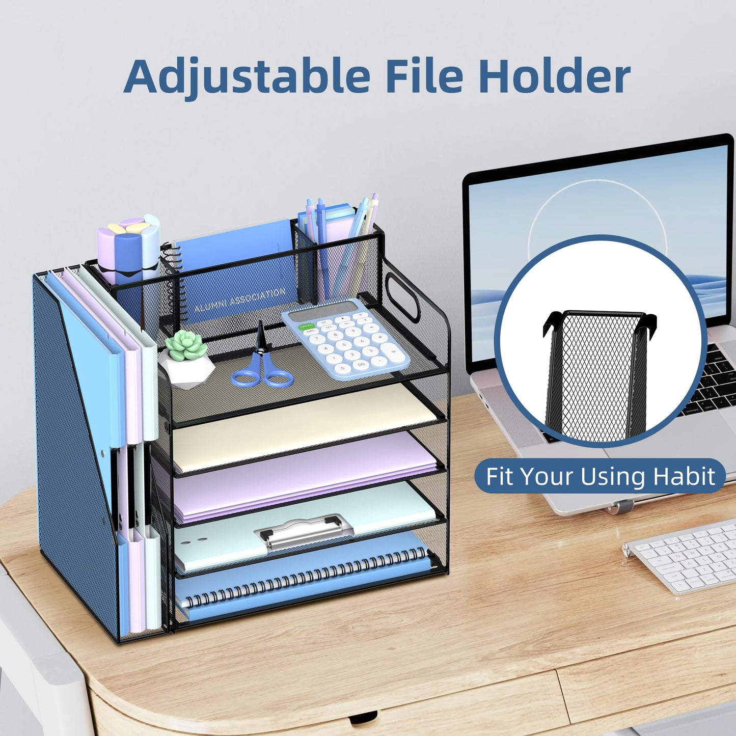 SUPEASY Desk Organizer with Magazine Holder, 5-Tier Paper Organizer for Desk Accessories with Pen Holder, Paper Letter Tray for Home, Office and School Supplies, Black