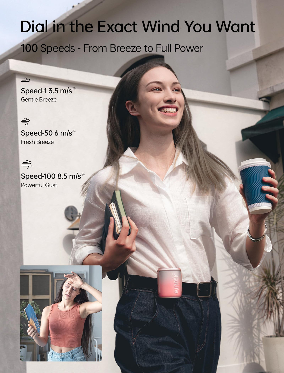 JISULIFE Portable Neck Fan, 100 Speed 40000RPM Cooling, Mini Personal Wearable Waist Fan, 16H 4500mAh Battery with LED Display, Outdoor, Travel, Jobsite Gifts for Women Men (Pink)