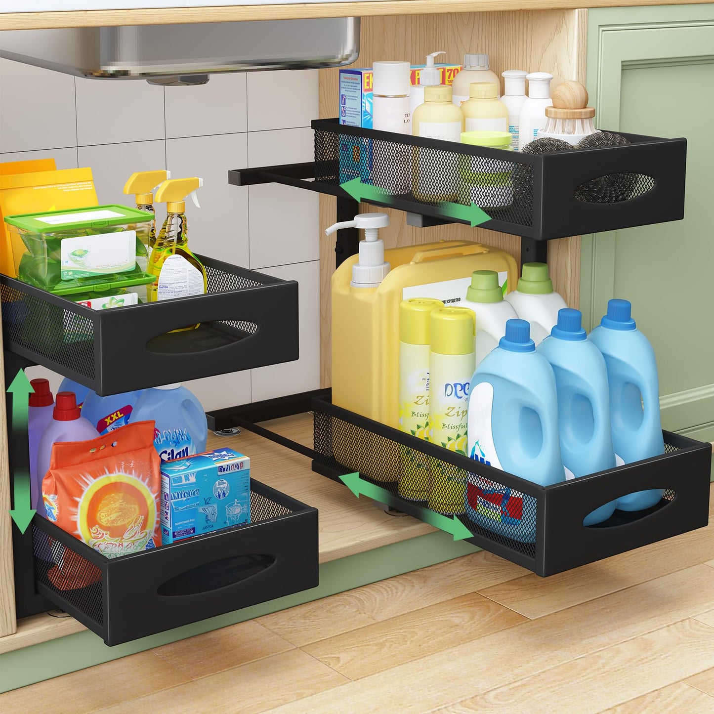 Under Sink Organizer, 2 Tier Pull out Cabinet Organizer Baskets with Mesh Sliding Drawers, Slide out Storage Shelf for Home, Kitchen, Bathroom, Pantry, Office Cabinet(2 Pack)