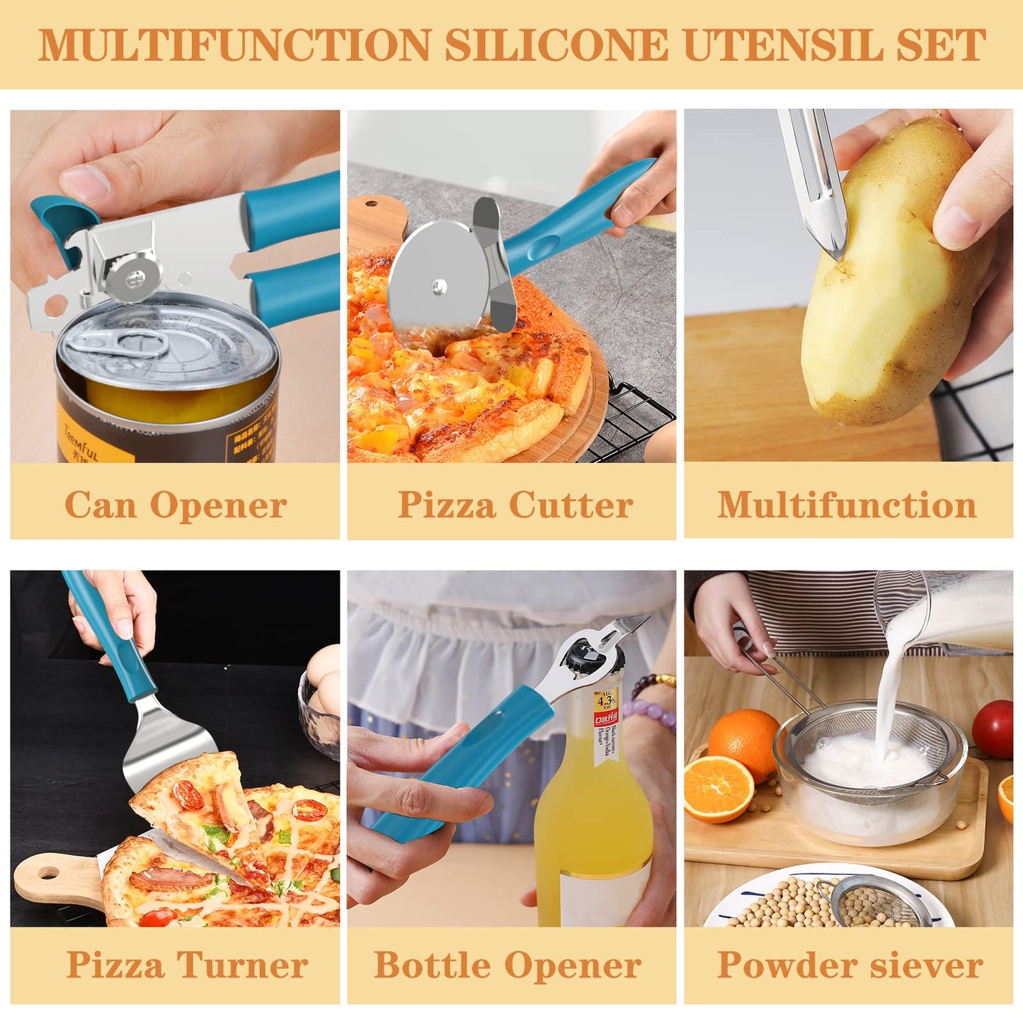 Silicone Cooking Utensil Set, Umite Chef 43 PCS Heat Resistant Kitchen Utensil Gadgets Set-Stainless Steel Handle- Kitchen Spatula Tools for Nonstick Cookware, Pots and Pans Accessories (Khaki)