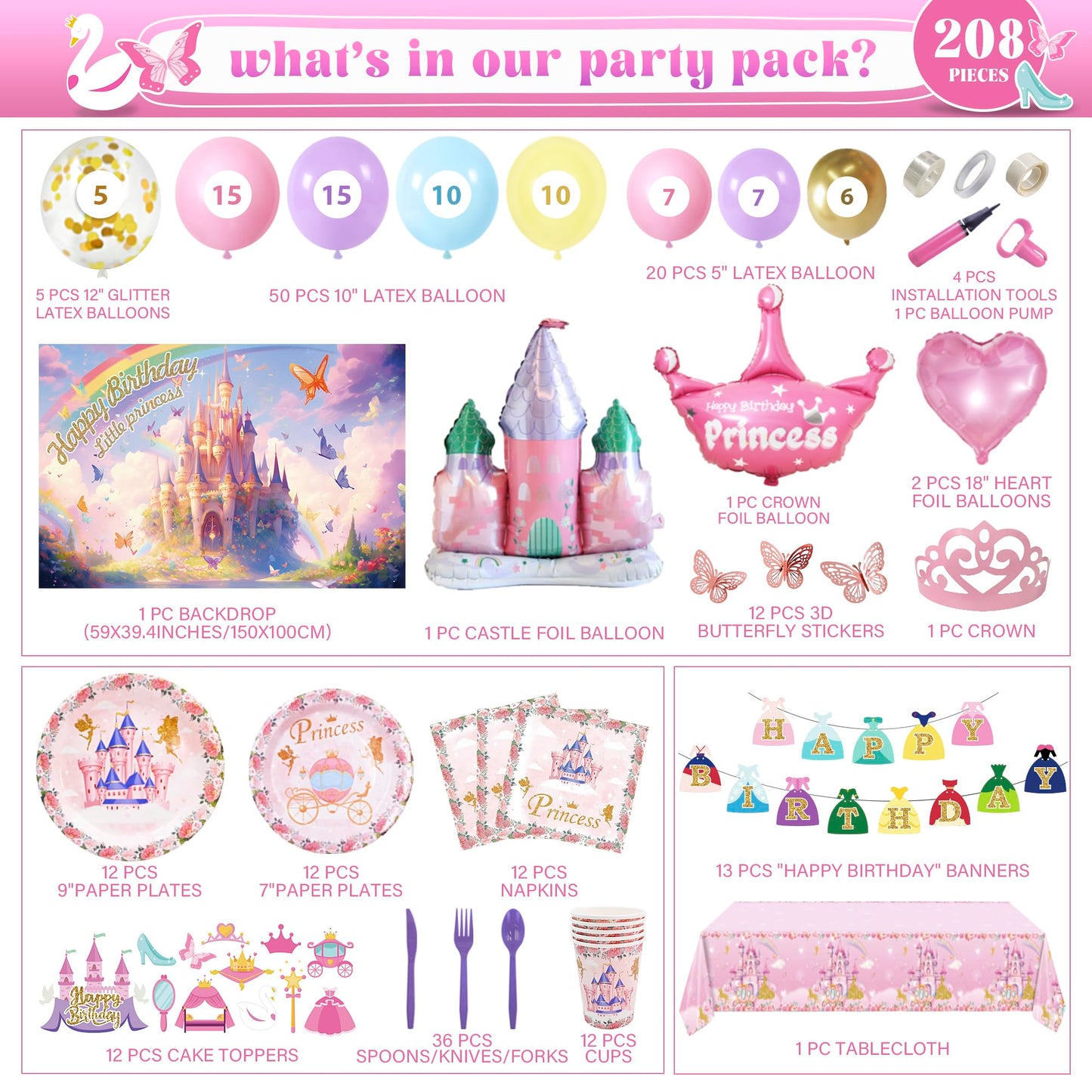 208 pcs Pink Princess Birthday Party Decorations For Girl Woman, 12 Tableware Sets, Castle Balloons, Balloon Arch, Crown, Happy Birthday Banner, Tablecloth, Backdrop, Cake Topper, Balloon Pump