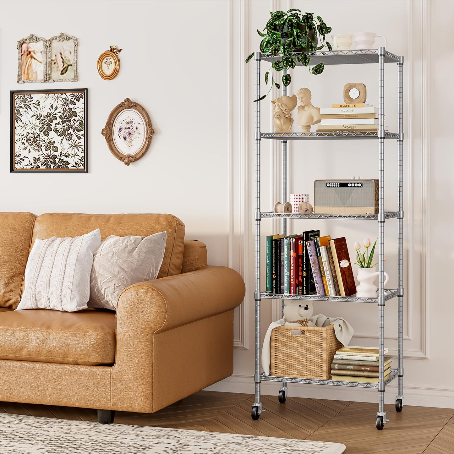 5 Tier Shelving Unit Adjustable Storage Shelf Metal Storage Rack Wire Storage Shelves with Heavy-Duty Rubber Metal Wheels for Laundry Bathroom Kitchen Pantry Closet (Silvery, 5 Tier)