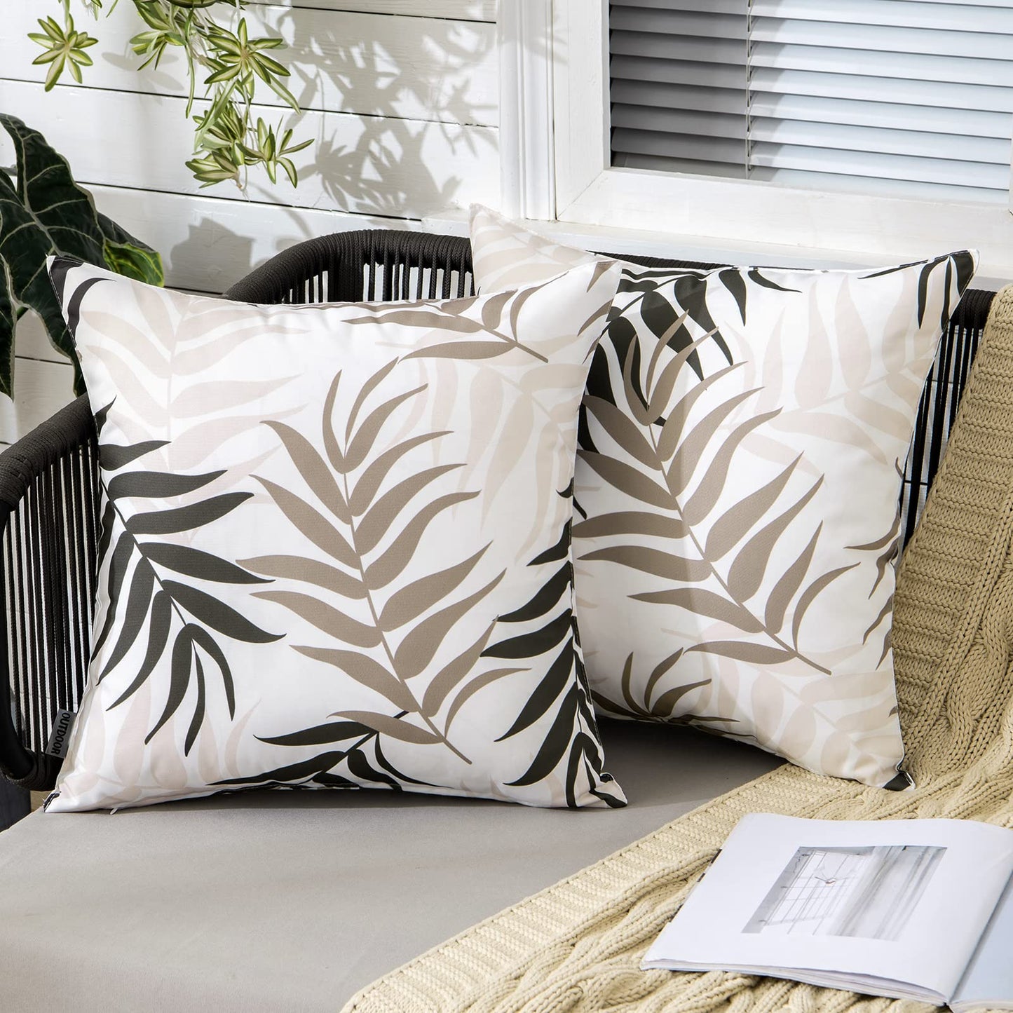 MIULEE Pack of 2 Decorative Outdoor Waterproof Throw Pillow Covers Patio Pillow Cases Natural Leaves Pattern Spring Square Cushion Shams Shell for Garden Balcony Couch 20x20 Inch, Coffee Brown