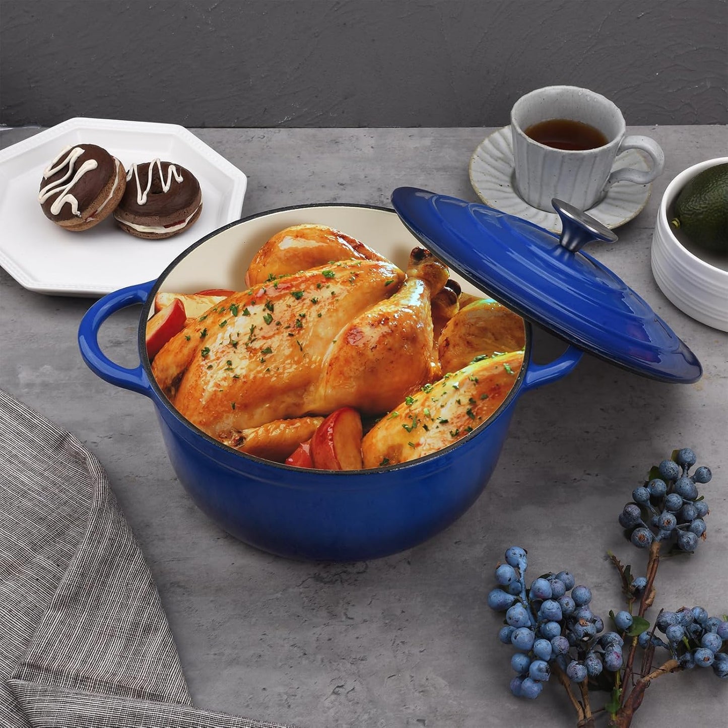 Enameled Cast Iron Dutch Oven for Sourdough Bread, 6QT Cast Iron Pot with Lid, Heavy Duty Dutch Oven Pot for Bread Baking, Braising, Stews, Roasting (Blue) (Dark Blue)
