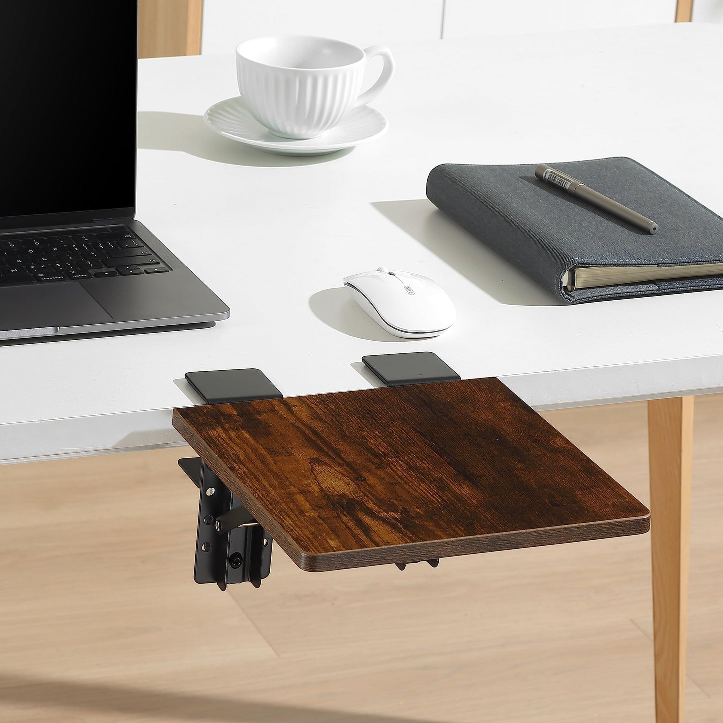 ETHU Armrest Support Desk Extender Tray - Compact 9.4"x9" Foldable Armrest Shelf with Wrist Rest, Clamp On Ergonomic Platform for Office Desk, Walnut