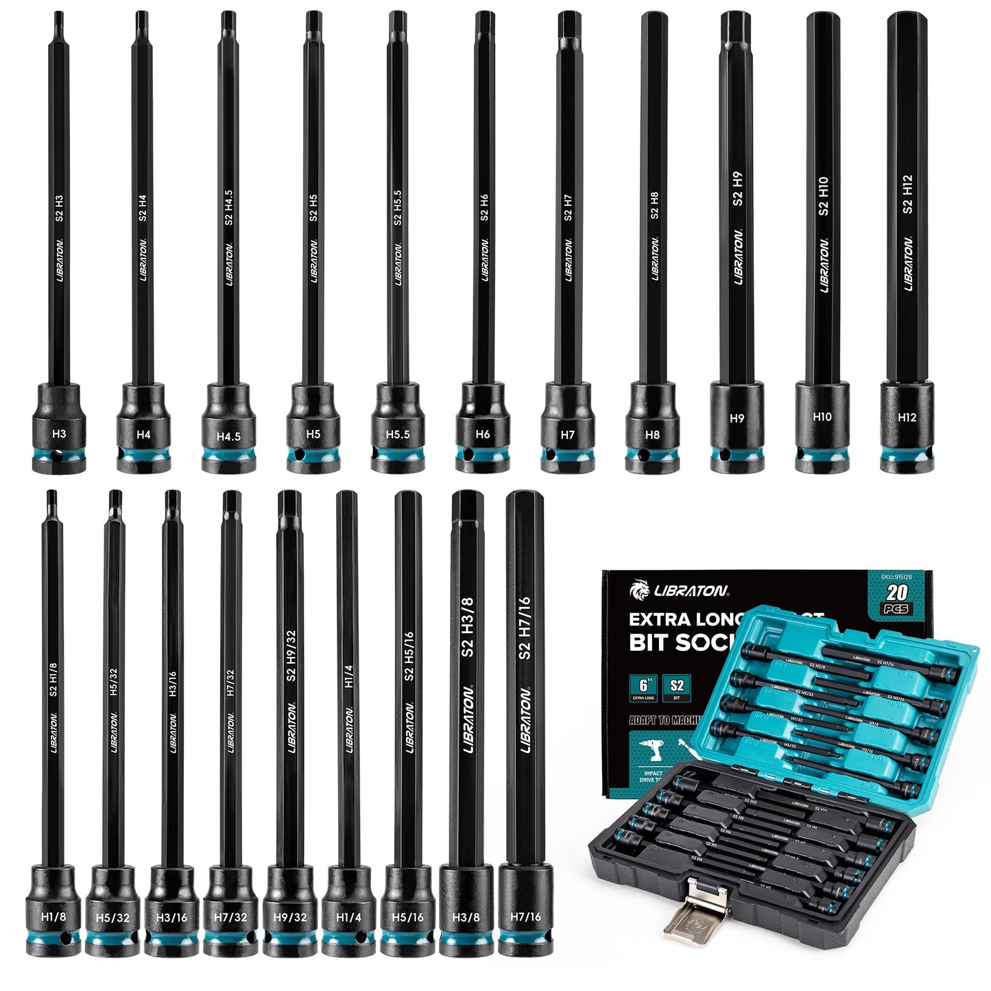 LIBRATON 3/8" Drive Long Impact Hex Bit Socket Set, Allen Bit Sockets, S2 Steel Hex Head Sockets, 20PCS Allen Wrench Socket, SAE&Metric Allen Bit Socket Set, 6" Long Allen Key Sockets, Blow Molded Box