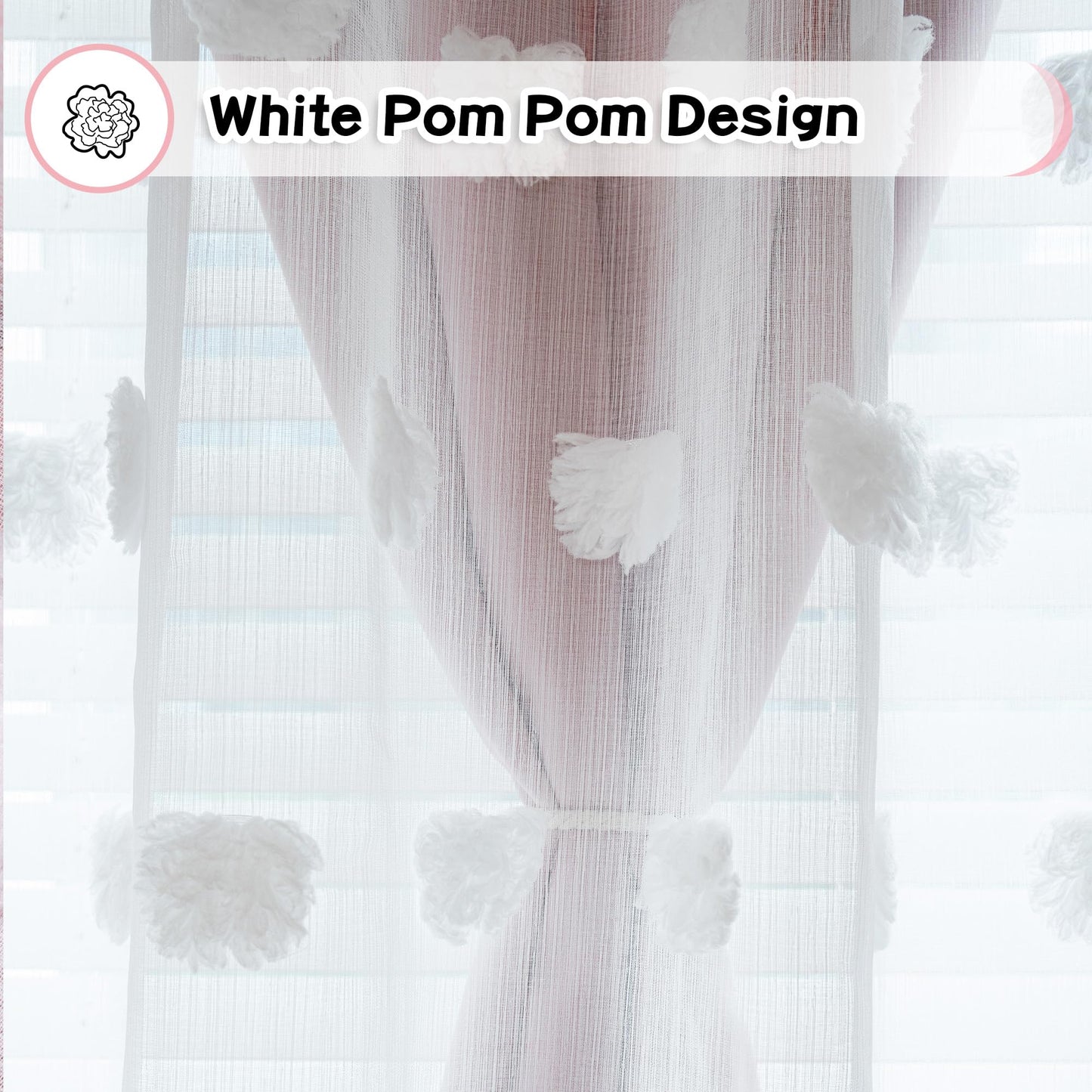 MYSKY HOME Light Blocking Pink Curtains White Sheer Pom Pom Kids Room Decor Drapes for Living Room 95 Inches Long Double Layer Curtains for Sliding Door Grommet Window Panels Set of 2, 52" x 95"