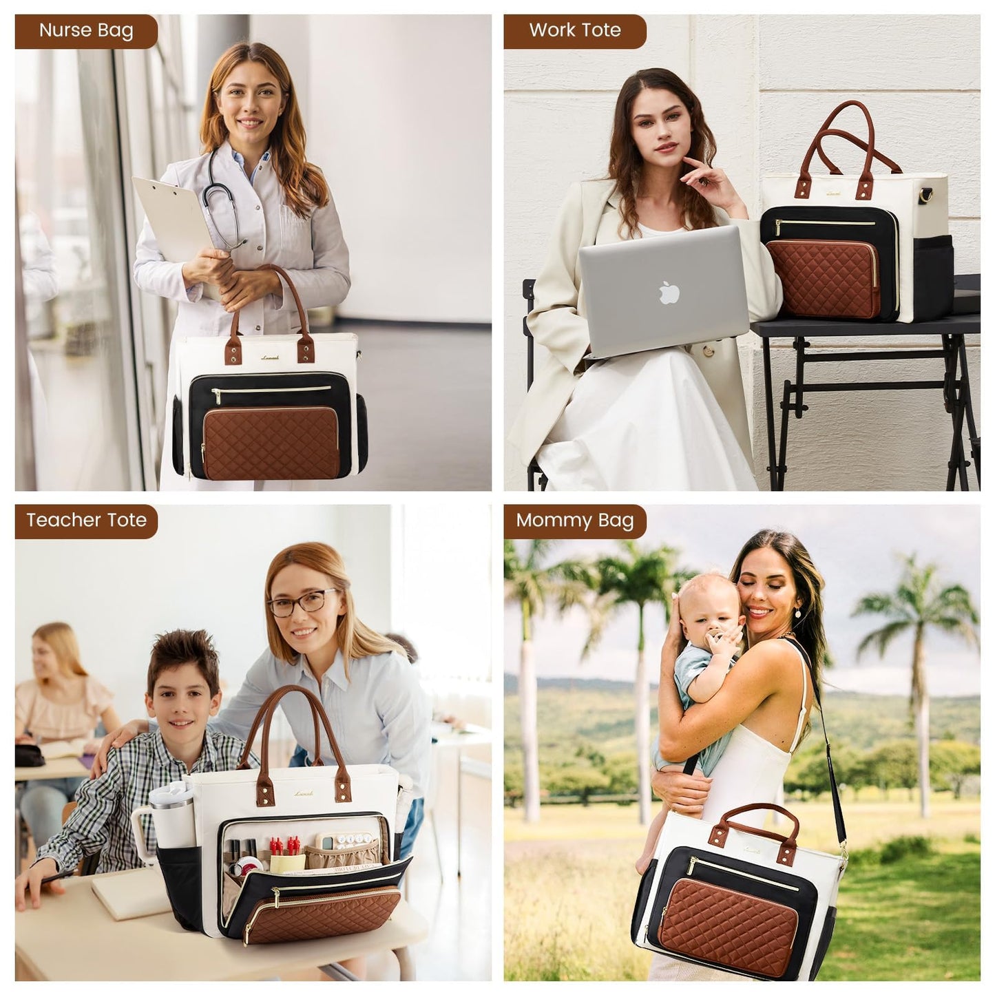 LOVEVOOK Teacher Tote Bag for Women Work, Laptop Bag With Large Cup Holder, Nurse Bags Professional Briefcase Business Computer Purses Handbag, Black-Beige-Brown, 15.6 Inch