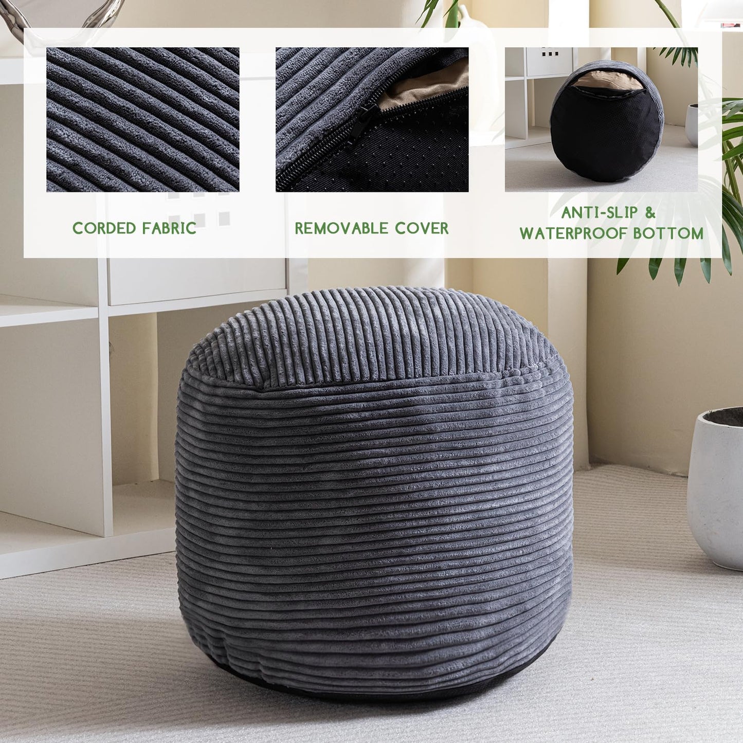 HIGOGOGO Corduroy Round Pouf Ottoman with Foam Chunk Filling, Furry and Fluffy Pouf Foot Stool, 20 X 15 Floor Poufs Foot Rest for Living Room, Dark Grey