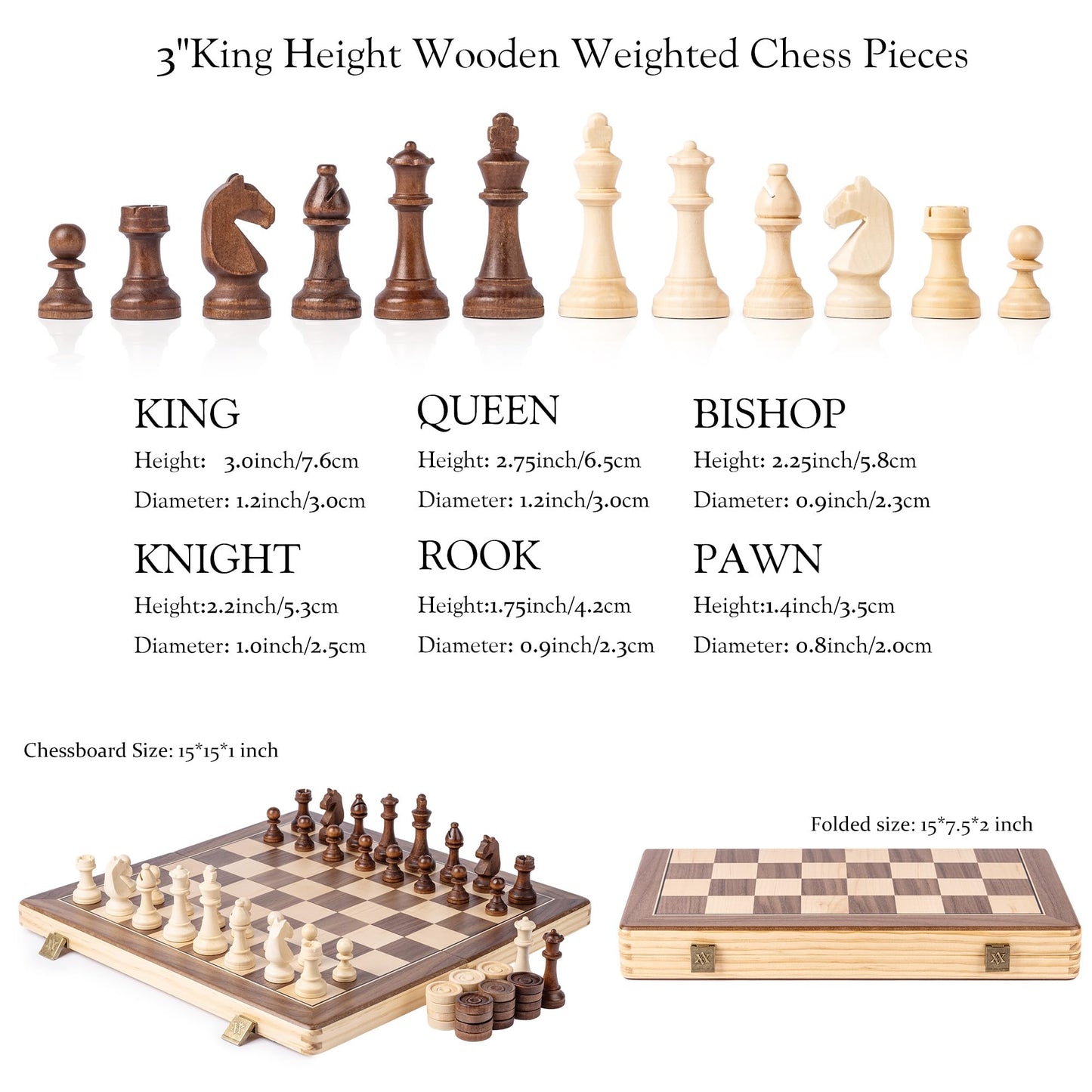 A&A 15 inch Wooden Folding Chess & Checkers Set w/ 3 inch King Height Staunton Chess Pieces / 2 Extra Queens