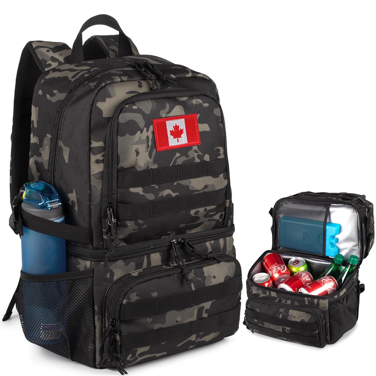 Tactical Double Deck Cooler Backpack for Men,Large Lunch Backpack with 2 Compartment,Soft Cooler Bag (Camo Black, X-Large)