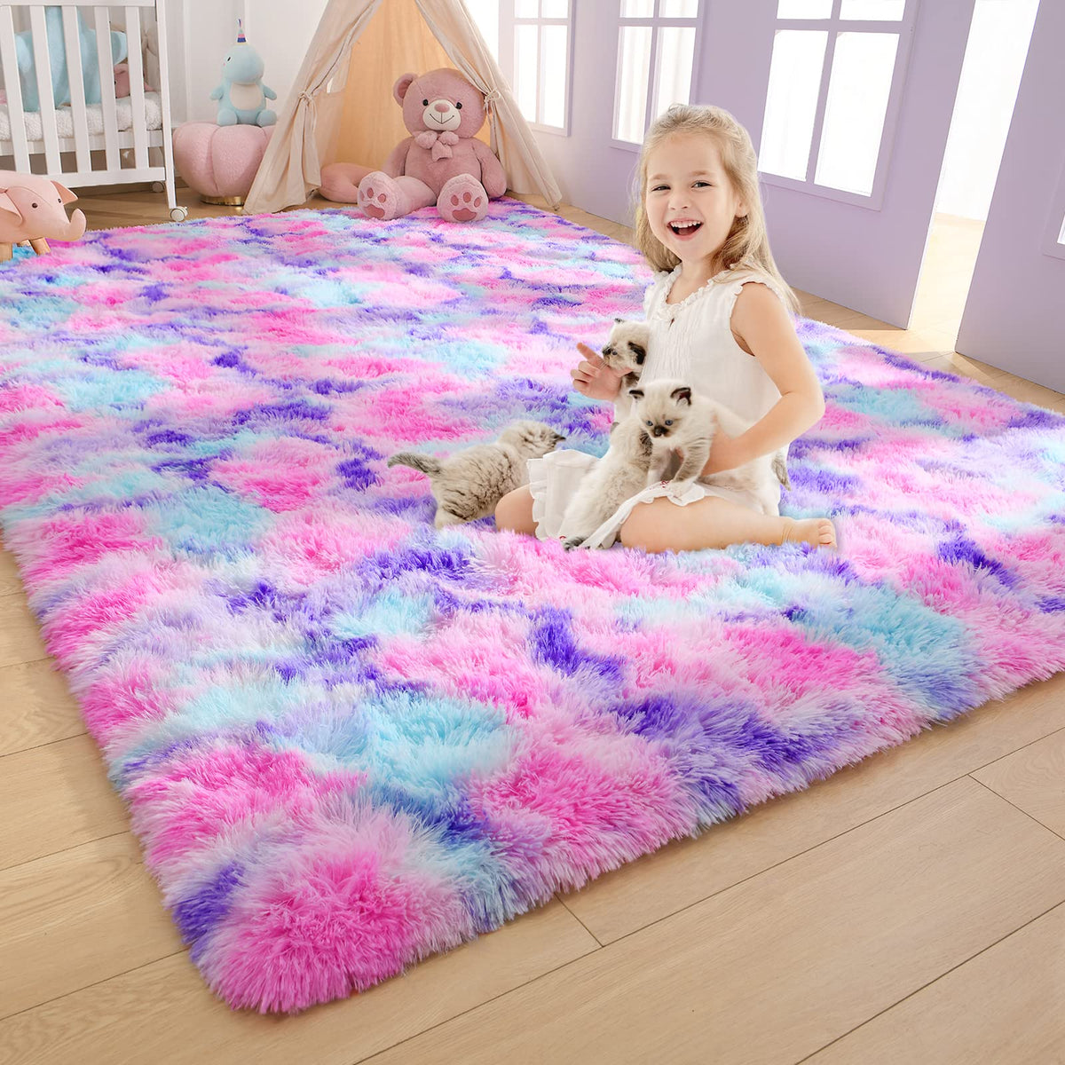 AROGAN Soft Rainbow Area Rugs for Girls Room 5x8 Feet, Fluffy Girls Bedroom Rugs, Princess Rug, Cute Colorful Carpet for Kids Teens Nursery Toddler (Hot Pink)