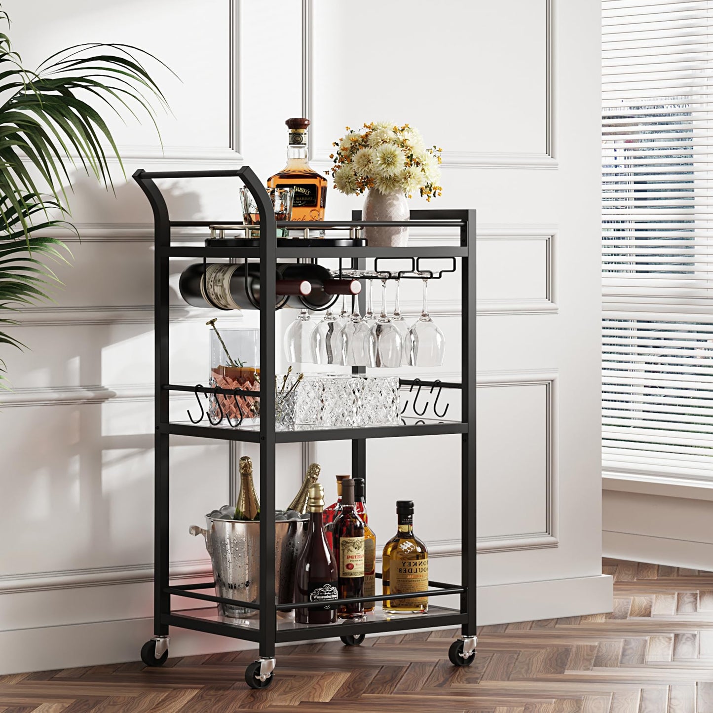 TUTOTAK Bar Cart, Home Bar Serving Cart with 3-Tier Mirrored Shelf, Wine Cart, Drink Cart, Mobile Kitchen Shelf, Black BC01BK034CA