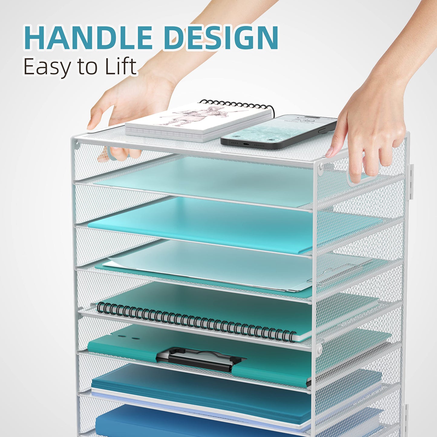 DALTACK 9-Tier Paper Letter Tray Desk Organizer with Handles, Mesh File Holder Organization, Paper Sorter Desk Organizer for Office Home School,White