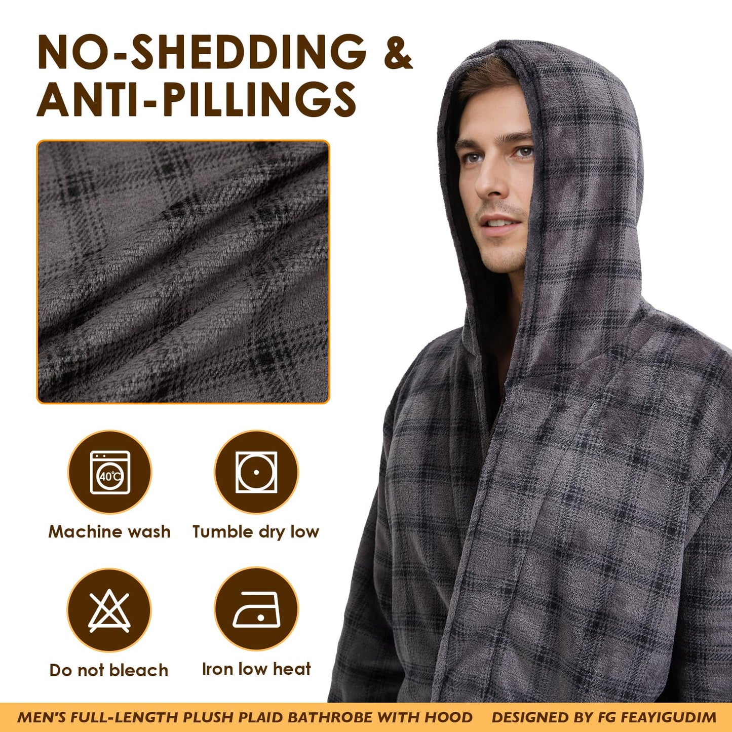 Mens Plush Plaid Hooded Robe, Full Length Fleece Big and Tall Bathrobe with Hood