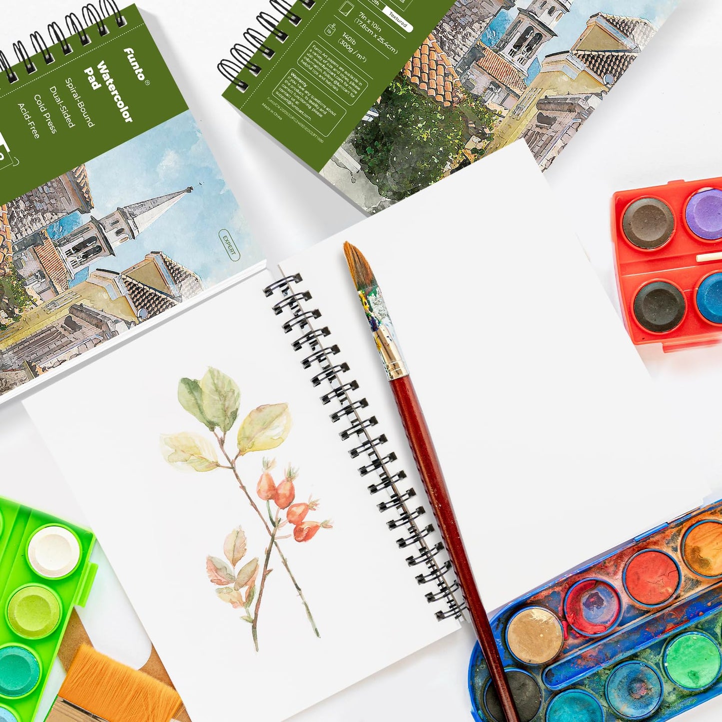 Funto Watercolor Pad 10x7", 3-Pack, 90 Sheets, 140 lb/300 GSM, Double-Sided Cold Press Paper, Spiral Bound, Heavyweight Paper for Watercolor Painting